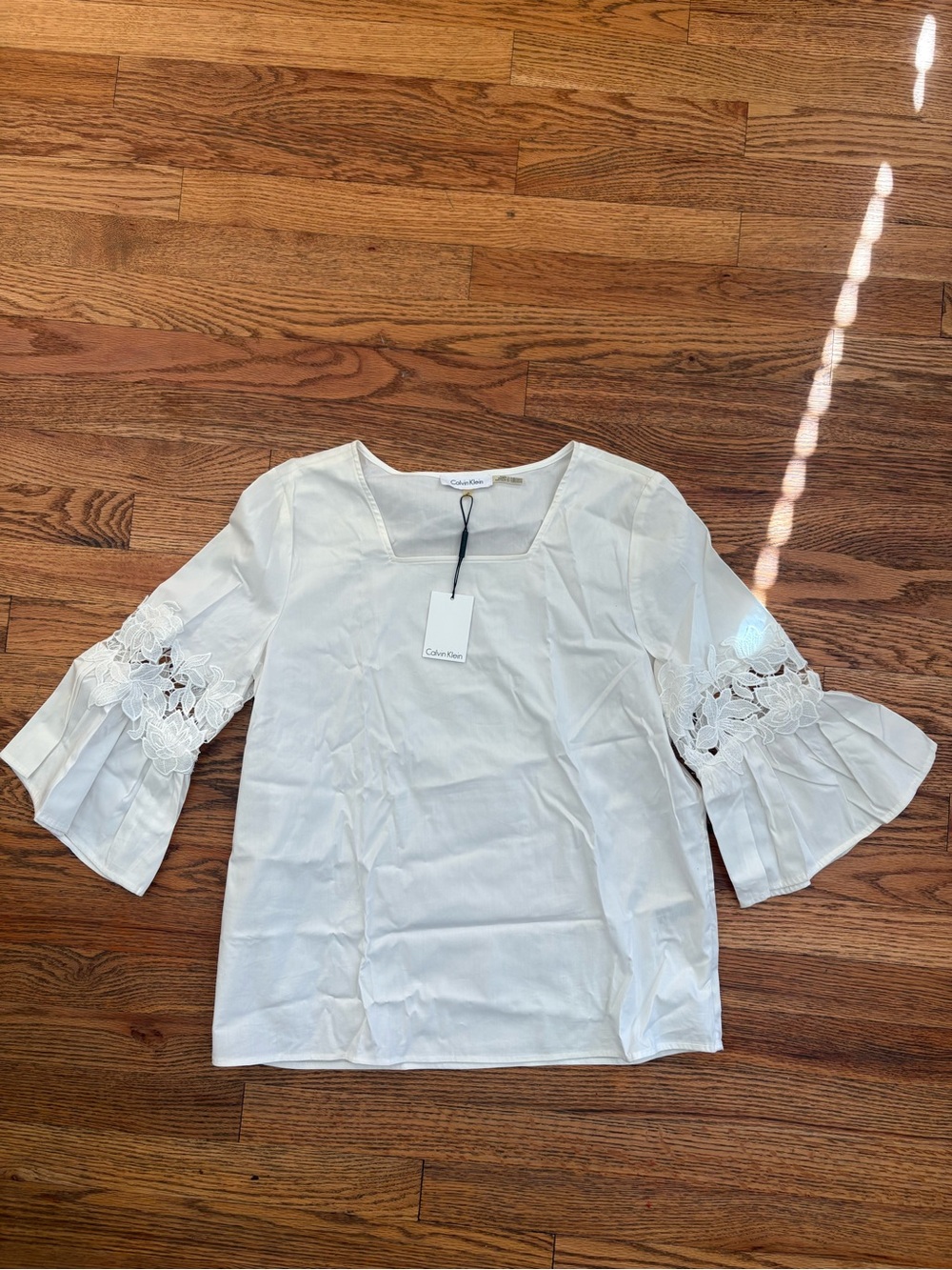 Calvin Klein White Lace Bell-Sleeve Square Neck Blouse